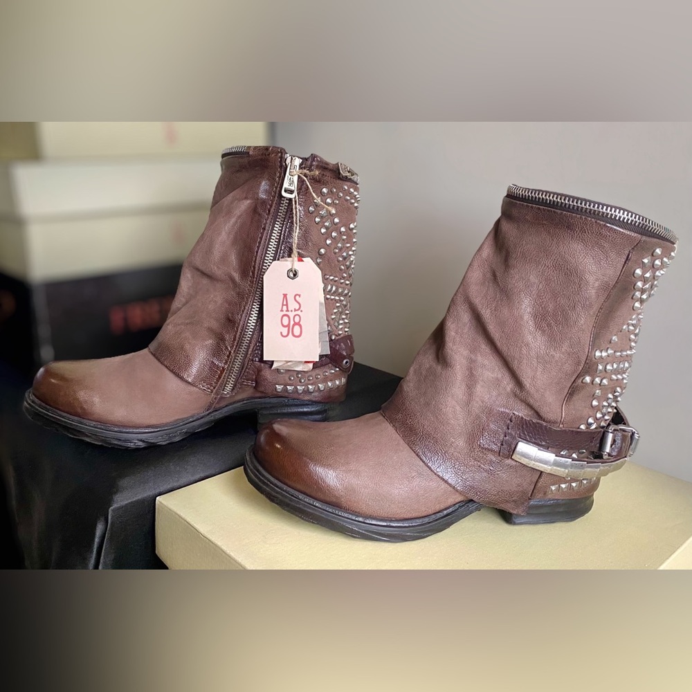 A.S.98 Sid / Women's Brown Leather Studded Ankle Boots - EU 39 US 9 NEW w/ Box